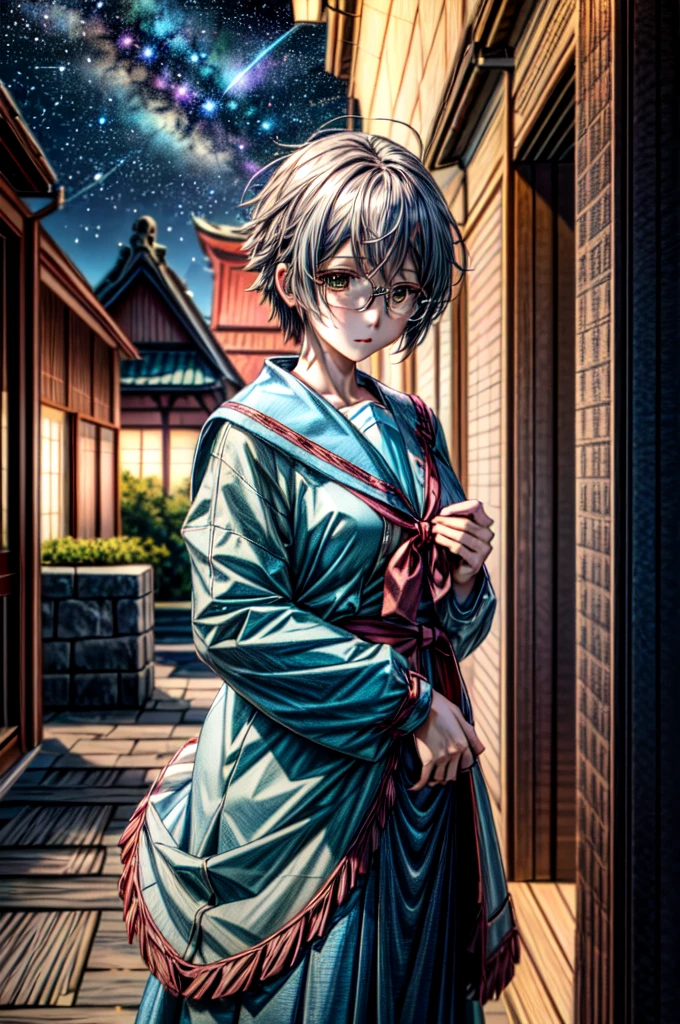 (masterpiece), (ultra-high detail), (best quality), Yuki with a serene expression, wearing a meticulously detailed blue skirt and glasses, dressed in a precisely designed serafuku summer uniform with intricate kneehighs. She stands gracefully on ancient temple stairs, surrounded by a lush, dense mountain forest at night. The Milky Way and countless stars illuminate the sky, casting a magical and ethereal glow over the entire scene. Yuki gazes directly at the viewer with a sense of wonder, as the serene ambiance encapsulates the beauty of the moment.