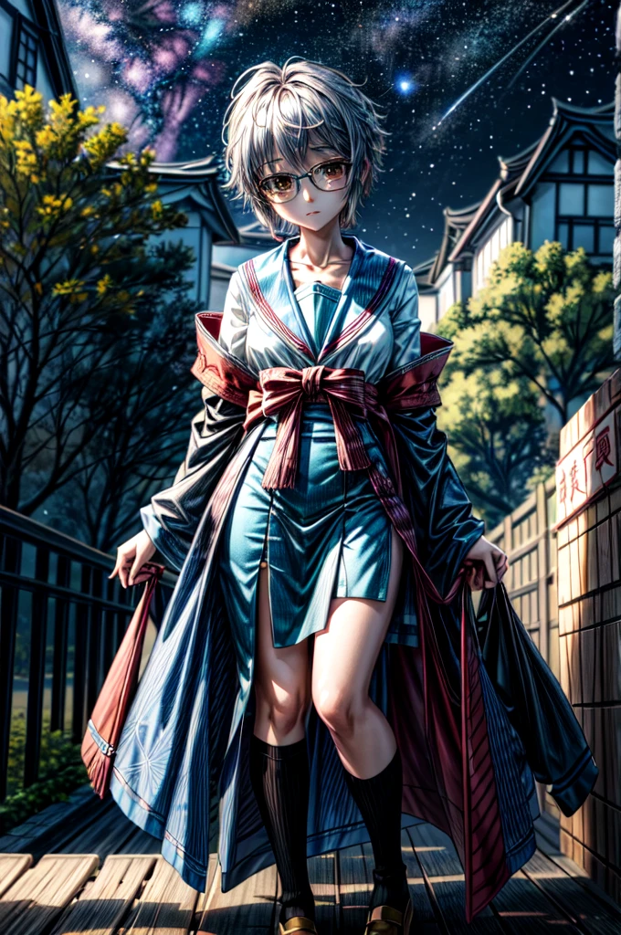 (masterpiece), (ultra-high detail), (best quality), Yuki with a serene expression, wearing a meticulously detailed blue skirt and glasses, dressed in a precisely designed serafuku summer uniform with intricate kneehighs. She stands gracefully on ancient temple stairs, surrounded by a lush, dense mountain forest at night. The Milky Way and countless stars illuminate the sky, casting a magical and ethereal glow over the entire scene. Yuki gazes directly at the viewer with a sense of wonder, as the serene ambiance encapsulates the beauty of the moment.