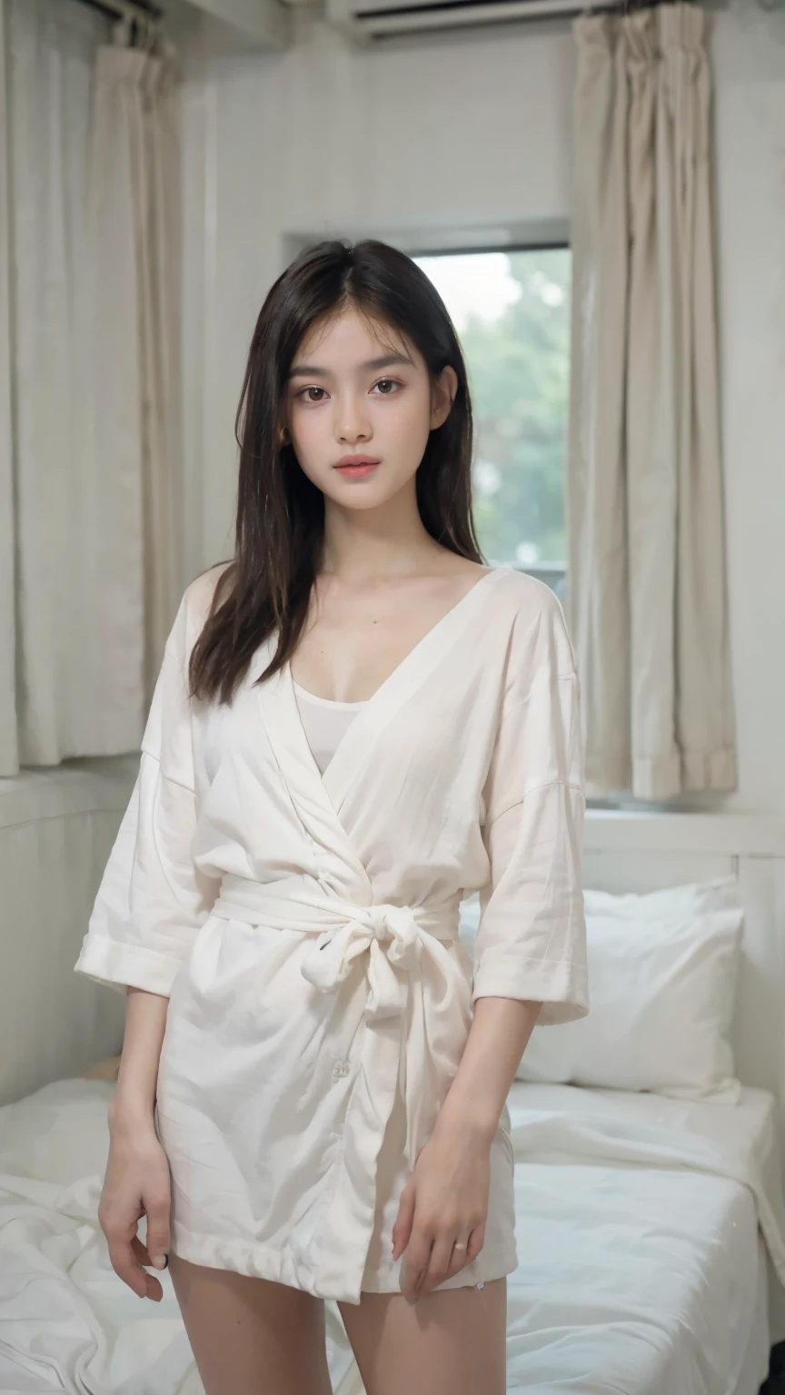 (table top, highest quality:1.4), beautiful face, 8K, 85mm, absurd, ((dark hotel bedroom))、(Wearing a thick white bathrobe:1.4), ((cowboy shot:1.5))、((shot from below:1.4))、((udder of medium size:1.4))、Biolace, gardenia, delicate girl, alone,(((straight and not long hair:1.5)))、((sitting on the sofa:1.4))、night, looking at the viewer, Upper body, film grain, chromatic aberration, sharp focus, face light, professional lighting, Sophisticated, (he looked at me with a confused expression:1.4), ( background, Bokeh background:1.2), face、((look of fear:1.4))