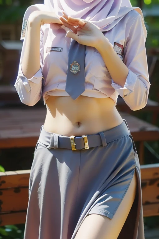 ((( Ultra-HD quality detail ))), Gen Z girls in hijab,  long-sleeved shirt, open belly button ,navel, Long skirt, low waisted buckle belt (like a belly dancer ), both hands on waist ,potret seluruh tubuh, bermain hujan, realistic, ( 8K resolution )