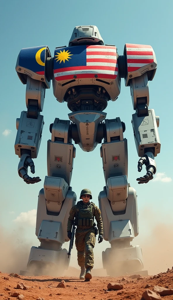 a realistic humanoid machine, a large gun in each hand, surrounded by medium-sized humanoid machines,
the medium-sized machines are holding guns and pointing a gun at the large machine,
the large machine is ignoring them, the large machine has a small Turkish flag on its chest, the medium-sized Arab machine is standing in front of the large machine, the large machine is patting the Arab machine's head