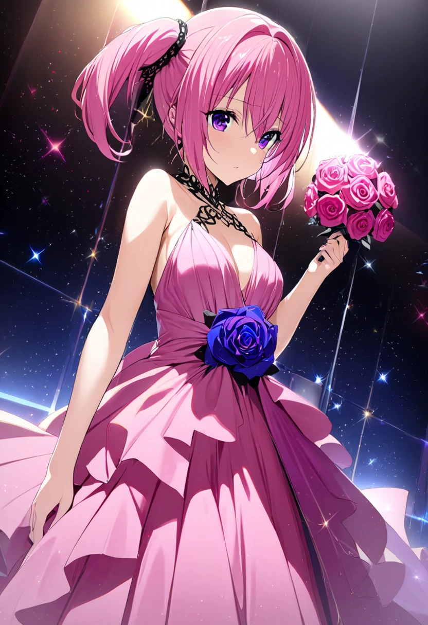  1 girl, Momo Belia Devilouk,  flowing pink short hair, purple eyes sparkle ,  elegant evening gown , Starry sky studio set, Dramatic side lighting, I have a rose,  professional studio lighting , masterpiece,  best quality,  absurd