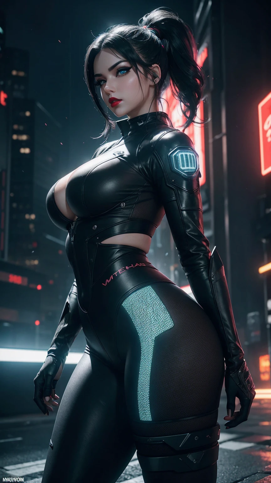masterpiece, best quality, 8k, beautiful woman, short hair, cyberpunk, bodysuit, sprawling skyscrapers, tv screens
