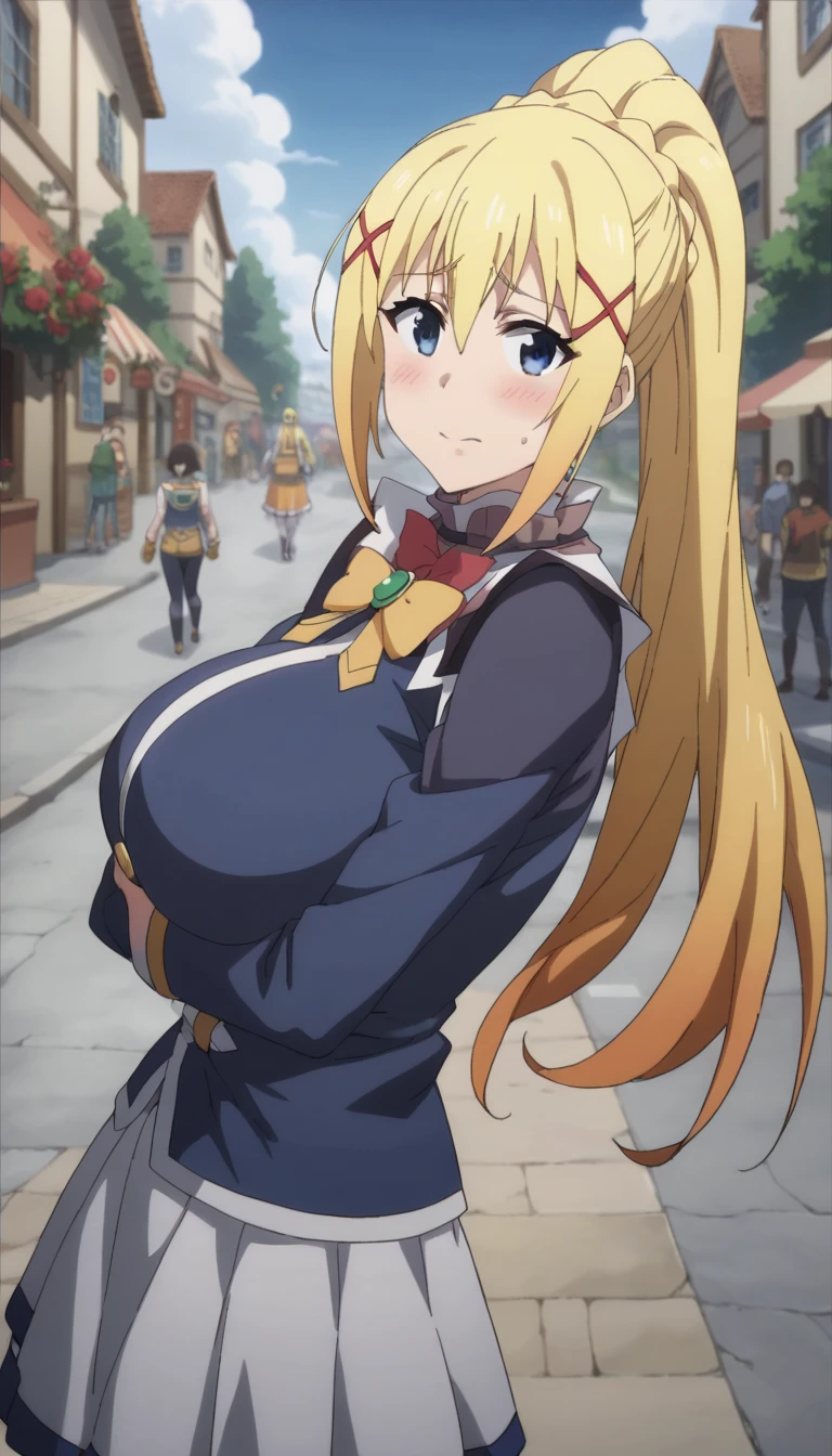 Prompt: (huge gigantic super mega hyper:1.1),(biggest round giant massive :1.1), (only one women), front view ,sexy poses, source_anime,masterpiece,best quality,highres,absurdres,official art,official style,source_anime,anime screencap,anime coloring,megami magazine,anime,animated,explicit, shiny skin,large breasts,  golden hair , darkness ,konosuba,blush, side, on side,   darkness,