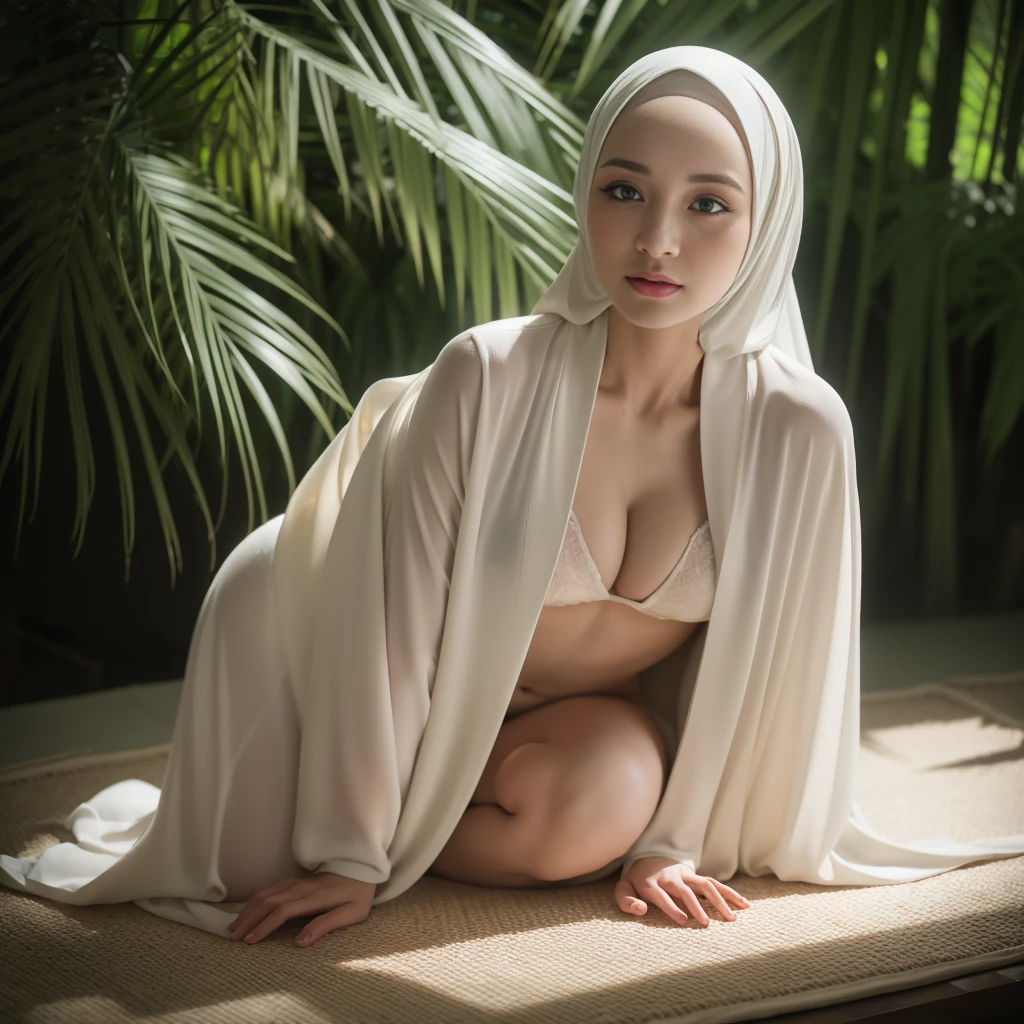  renaissance, javanese, (((hijabi))), cleavage, reflection light, oval face, very beautiful, with modern syar'i hijab, naked, with super transparent decilate tight robe, open robe, showing bare chest and bare vagina, sitting position, with arms at your side, open leg, exposed vagina and chest, perfect leg, detailing vagina, sexy and hot pose, wilted and arousing face, looking at the camera with a lustful and seductive gaze. in a the mat, in the side of stone river, with background tropical forest, chiaroscuro, depth of field, cinematic lighting, ray tracing, Sony FE GM, UHD, super detail, masterpiece, textured skin, high details, best quality, award winning，3D,hdr（HighDynamicRange）,Ray tracing,NVIDIA RTX,Hyper-Resolution,Unreal 5,Subsurface scattering、PBR Texture、post-proces、Anisotropy Filtering、depth of fields、maximum definition and sharpness、Many-Layer Textures、Albedo e mapas Speculares、Surface coloring、Accurate simulation octane rendering of light-material interactions、Two-colored light、largeaperture、Low ISO、White balance、the rule of thirds、8K raw data