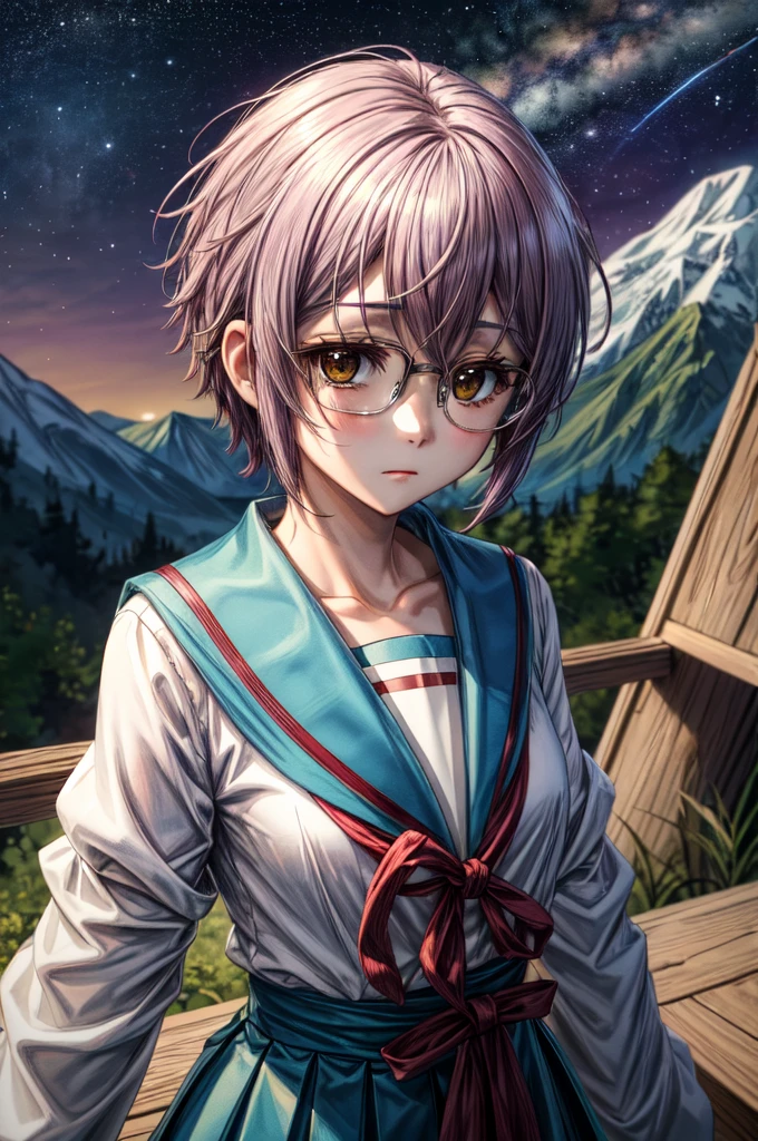 (masterpiece), (ultra-high detail), (best quality), Yuki with a serene expression, wearing a meticulously detailed blue skirt and glasses, dressed in a precisely designed serafuku summer uniform with intricate kneehighs. She stands gracefully on ancient temple stairs, surrounded by a lush, dense mountain forest at night. The Milky Way and countless stars illuminate the sky, casting a magical and ethereal glow over the entire scene. Yuki gazes directly at the viewer with a sense of wonder, as the serene ambiance encapsulates the beauty of the moment.