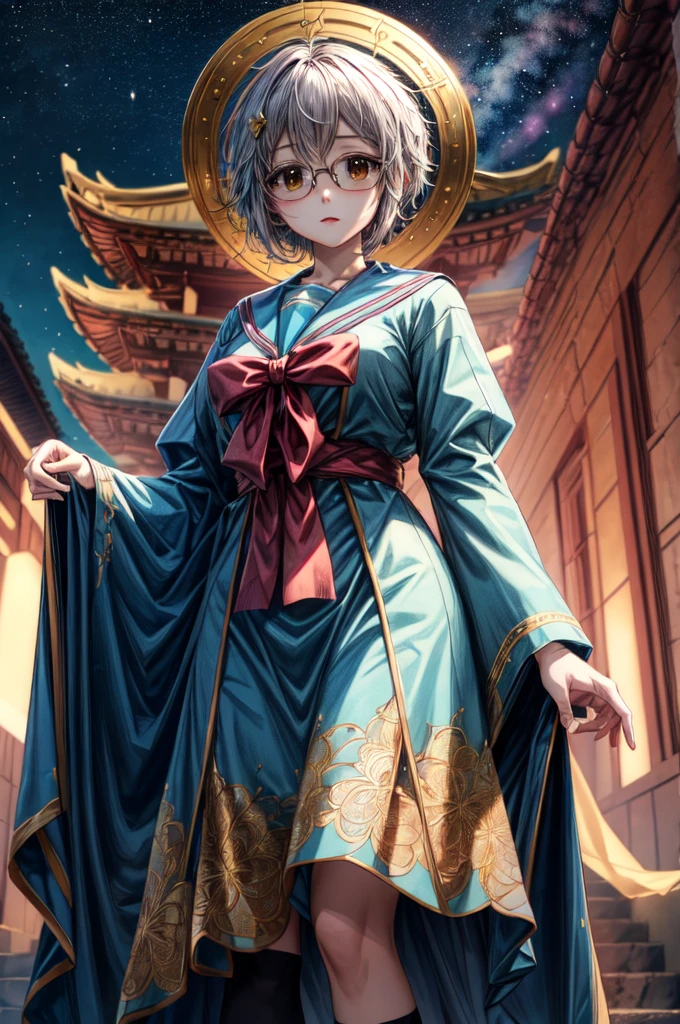 (masterpiece), (ultra-high detail), (best quality), Yuki with a serene expression, wearing a meticulously detailed blue skirt and glasses, dressed in a precisely designed serafuku summer uniform with intricate kneehighs. She stands gracefully on ancient temple stairs, surrounded by a lush, dense mountain forest at night. The Milky Way and countless stars illuminate the sky, casting a magical and ethereal glow over the entire scene. Yuki gazes directly at the viewer with a sense of wonder, as the serene ambiance encapsulates the beauty of the moment.