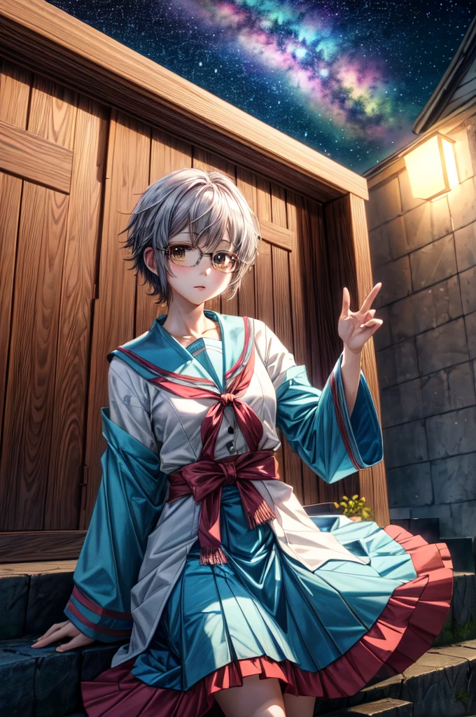 (masterpiece), (ultra-high detail), (best quality), Yuki with a serene expression, wearing a meticulously detailed blue skirt and glasses, dressed in a precisely designed serafuku summer uniform with intricate kneehighs. She stands gracefully on ancient temple stairs, surrounded by a lush, dense mountain forest at night. The Milky Way and countless stars illuminate the sky, casting a magical and ethereal glow over the entire scene. Yuki gazes directly at the viewer with a sense of wonder, as the serene ambiance encapsulates the beauty of the moment.