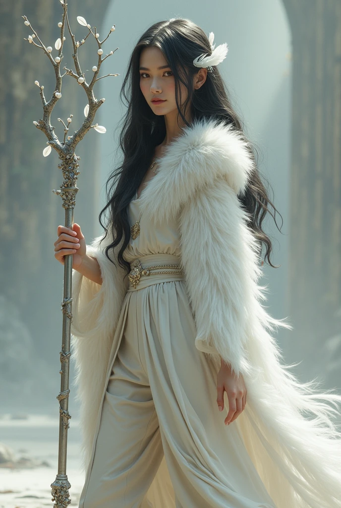 (Pianfei), (Highest quality), Very detailed, 1 girl, Perfect Face, (Full body photo of a person:1.3), Very detailed顔,(Long black hair:1.5),(Brown eyes:1.4),(forestの中で:1.4),((White fur cloak:1.5)),forest,Beautiful tree々,Light,bubble,flower,(forestの中:1.4),Fantasy,((Big waterfall)),((Panorama)), (An elegant work of art), Highest quality, High resolution, (Very detailedな), Anatomically correct, 超High resolution, Textured skin,Depict an image using pointillism, Carefully placed tiny dots of color、Create a cohesive, visually pleasing whole。.