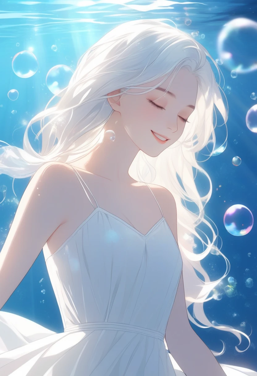 ((best quality)),((masterpiece)),realistic,((flat color)),1girl,glowing,light particles,(underwater),looking at viewer,smile,jewelryclosed eyes,white hair,solo,((bubble)),long hair,air bubble,sunlight,swimming,(white dress),Pretty face,((White skin)),sparkle,shiny hair,transparent,shiny,(light rays),spaghetti strap,
