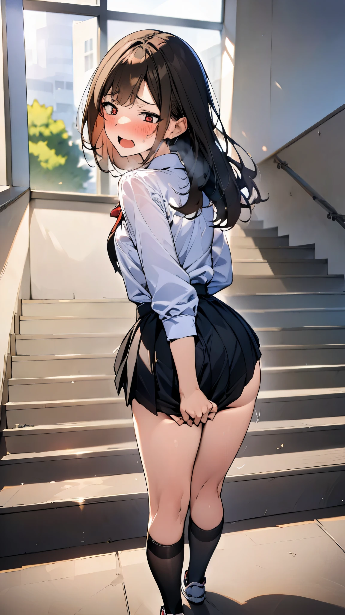 Masterpieces, High Quality, school stairs, from below,from behind, Standing, all fours, Full body, POV, vibrators, Ahegao, open mouth, black high socks, sneaker, ass focus:2.0, Mini Pleated Skirts