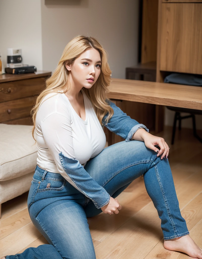 ((((Bbw)))) a woman sitting on the floor with her legs crossed, long hair, breasts, blonde hair, large breasts, shirt, pants, indoors, denim, jeans