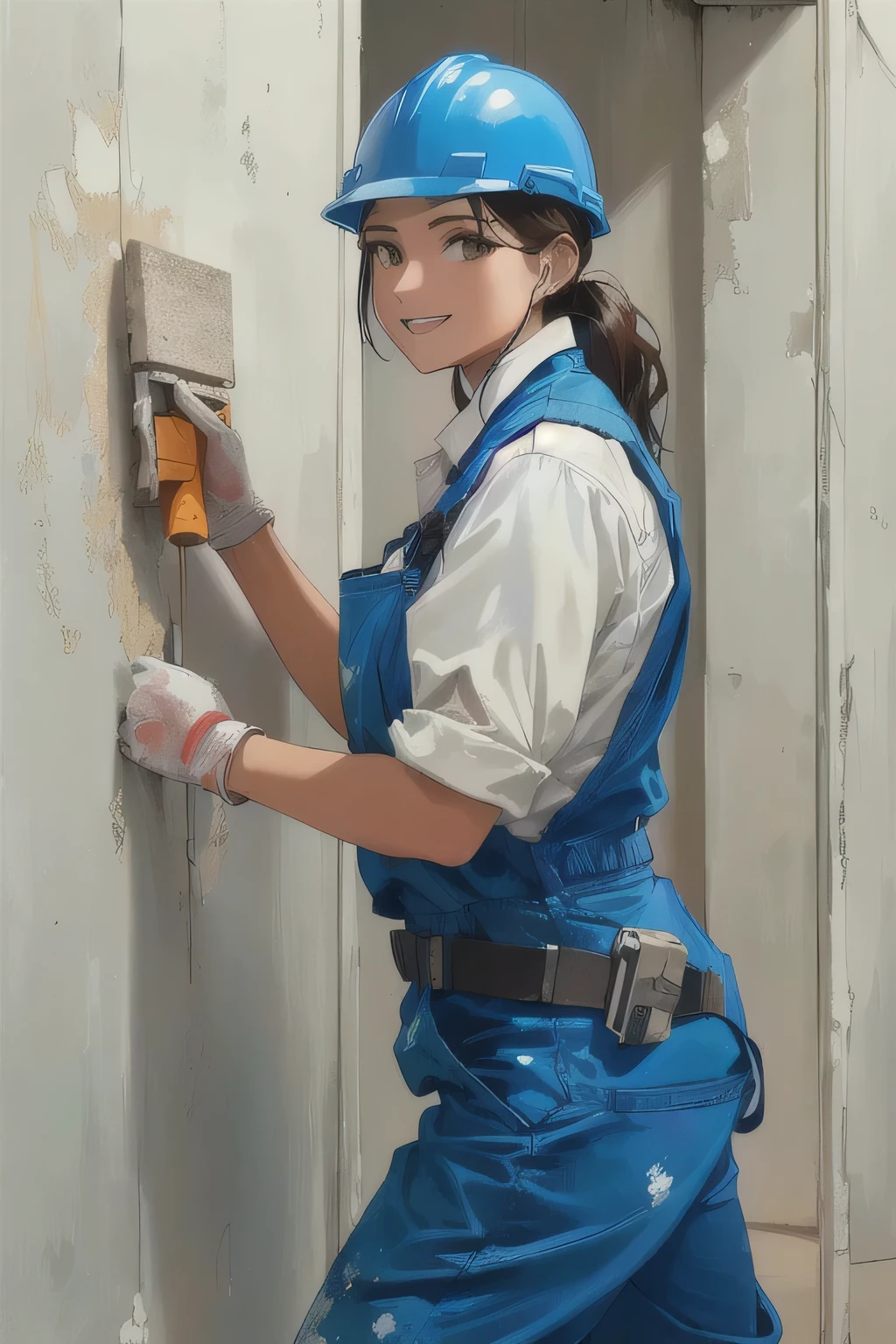  plasterer painting plaster on hanging walls in Jeslink's Breedman style、Wear work clothes、Blue jumpsuit、White blouse with normal sleeves 、Blue Helmet、 workers are smiling with their mouths open 、woman、20 years old、Brown long hair