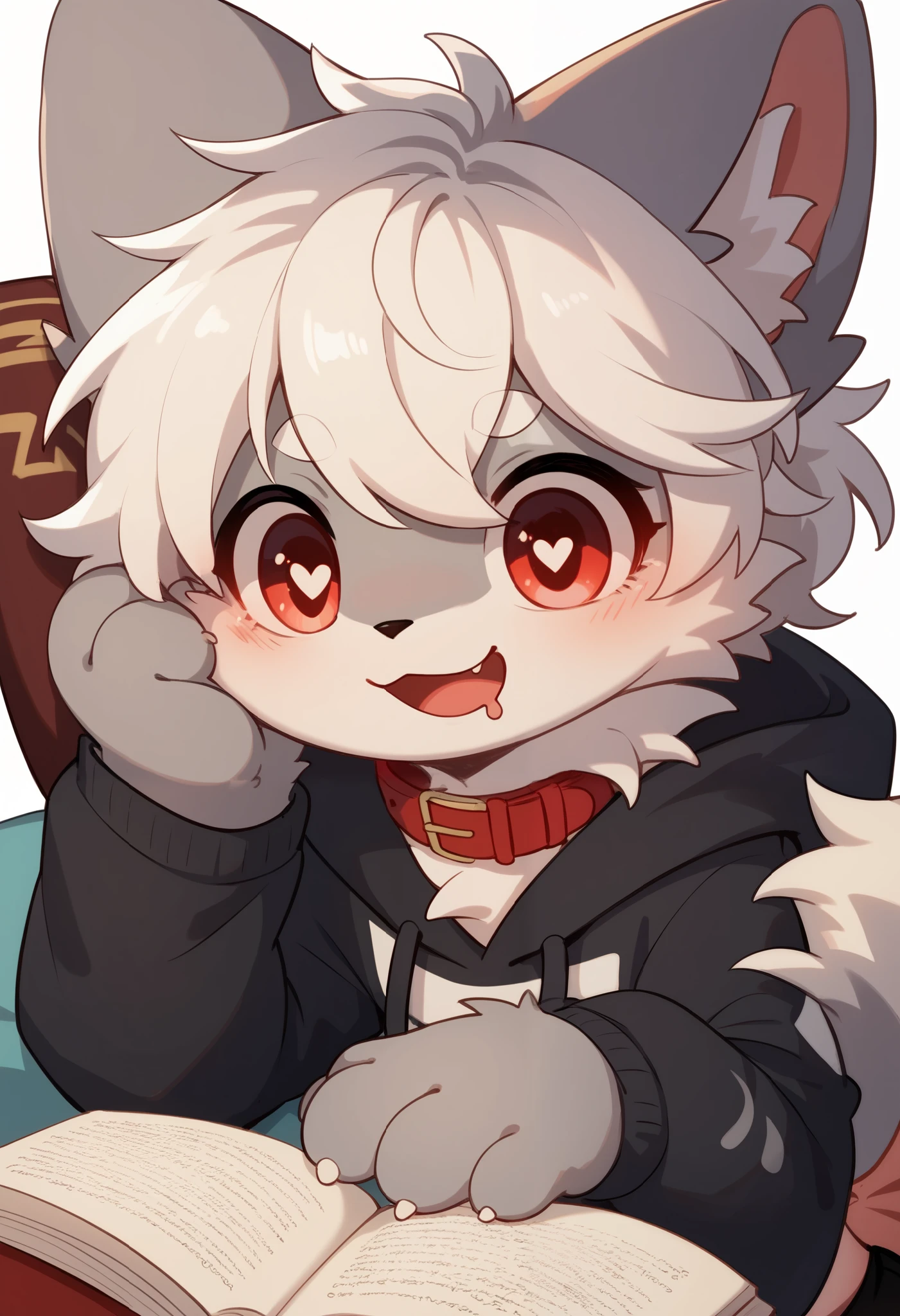  very detailed, very detailed, white hair with grey fur,,female,Heart Eyes,participate,Red collar, cute face, fluffy fur with a large shield,Horny Girl ,White background,Droopy ears, blush nose ,Up in the tree,Read a book,smile,Red collarと紐を繋ぐ,cry,sleep,Estrus season,excited,fur girl , an uneasy face,brainwashing, drool , black shorts, sweatshirt , Long Sleeve ,Trendy,