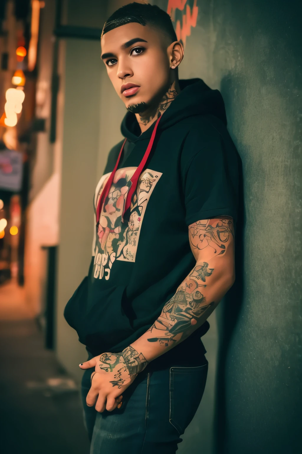 The most beautiful and sexy urban girl, wearing hoodie, graphic t-shirt, torn skinny jeans and highly detailed, tons of tattoos and piercings, highly detailed background, perfect masterpiece, high quality, high resolution. Urban graffiti Background.