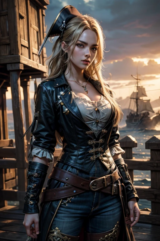 blond woman in steampunky outfit standing on a ship with an eagle on her shoulder, steampunk fantasy style, steampunk fantasy, stunning character art, a steampunk beautiful goddess, female pirate captain, wojtek fus, steampunk beautiful anime woman, best of artstation, elegant cinematic fantasy art, steampunk girl, fantasy style clothing, beautiful female knight, hyperrealistic fantasy art