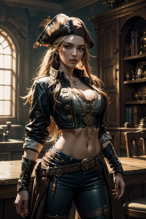 a photo of a hunky [temptress|babe] , soft diffused lighting , pirate, pirate hat, deck, coat, bare shoulder, corset, belts, perfect face, pretty face, hazel eyes, titian hair, long hair, medium breasts, lush detail, absurdneres,