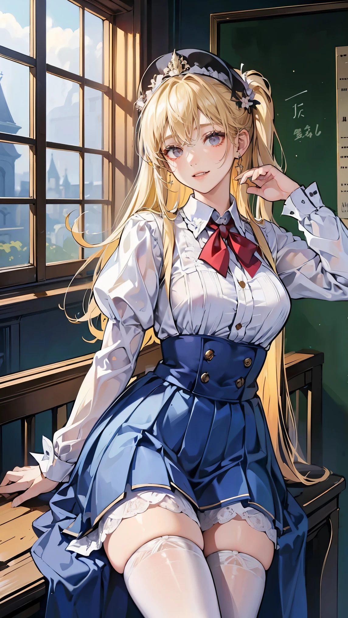 ( top quality ,4K, high resolution, masterpiece:1.2), Very detailed ,Realistic:1.37,とてもbeau girl, wearing white stockings , I am in the class ,blond,blond Hair,Longues couettes, Regarder le public,high school、 wearing white stockings 、 A dilapidated high school 、jenSide a dilapidated claSSroom、Salle de classe très sale、, wearing white stockings ,Atmosphère sinistre,Accrocheur,,Anatomy,style anime, concept art ,beau細部までこだわった顔と (((red eyes ))),Un rituel terrifiant ,Satan's Ritual , abandoned house ,jenappropriate behavior,crazy smile,Visage de faux,beau girl、fille monstre, beau, Traits de face ofélicats, sharp fangs , Pale skin, atmosphère sombre , une personne'S, wearing white stockings , wearing white stockings {x} wearing white stockings {x} wearing white stockings {x} wearing white stockings {x} wearing white stockings {x} wearing white stockings {x} wearing white stockings {x} wearing white stockings {x} wearing white stockings {x} {x} Very cute blazer uniform {x} Shocking pink lipstick {x} very cute sailor uniform {x} Please open your mouth wide {x} Beautiful ,Dents Tranchantes Comme une Bête, sharp fangs , O. , Ruddy cheeks , ,(éclaboussure de sang:1.2),Scary smile, smile,Conception de high school, TwiSted smile、 I am in the class ,、éclaboussure de sang、,(saignement:1.2), ((流れるようなblond)), feminine curves , mains parfaites, face of'anime parfait, (Une chemise à manches longues révélatrice , pas de vêtements en bas)), Sont debout, (( smile maléfique)), La vapeur circule, ,Conception d'A school of 'animation, TwiSted smile、Sanglant、 A dilapidated high school、 female curves 、,Absurd, high resolution、Fille effrayante、(crazy smile:1.8)、(Du sang coule des mains:1.3)、 personnages de style anime comme personnages principaux、 wearing white stockings , NSFW, sexy