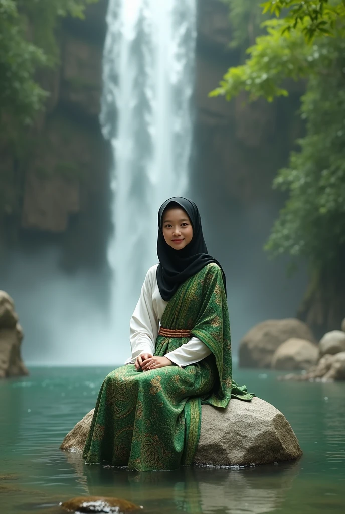 A portrait of a 17-year-old Russian girl wearing a modest and covered hijab, Wearing glasses,and a trendy abaya dress, Made of emerald green brocade and silk,Sitting on a boat in the middle of the lake, and a beautiful waterfall is visible.,in a calm and peaceful atmosphere with a face looking at the camera