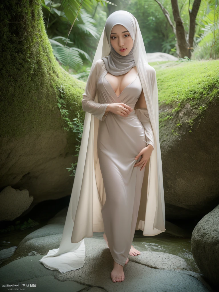  renaissance, javanese, (((hijabi))), cleavage, reflection light, oval face, very beautiful, with modern syar'i hijab, naked, with super transparent decilate tight robe, open robe, showing nude chest and nude vagina, standing with sexy pose, exposed vagina and chest, perfect leg, detailing vagina, sexy and hot pose, wilted and arousing face, looking at the camera with a lustful and seductive gaze. in a the mat, in the side of stone river, with background tropical forest, chiaroscuro, depth of field, cinematic lighting, ray tracing, Sony FE GM, UHD, super detail, masterpiece, textured skin, high details, best quality, award winning，3D,hdr（HighDynamicRange）,Ray tracing,NVIDIA RTX,Hyper-Resolution,Unreal 5,Subsurface scattering、PBR Texture、post-proces、Anisotropy Filtering、depth of fields、maximum definition and sharpness、Many-Layer Textures、Albedo e mapas Speculares、Surface coloring、Accurate simulation octane rendering of light-material interactions、Two-colored light、largeaperture、Low ISO、White balance、the rule of thirds、8K raw data, in the side of stone river. Outdoor 