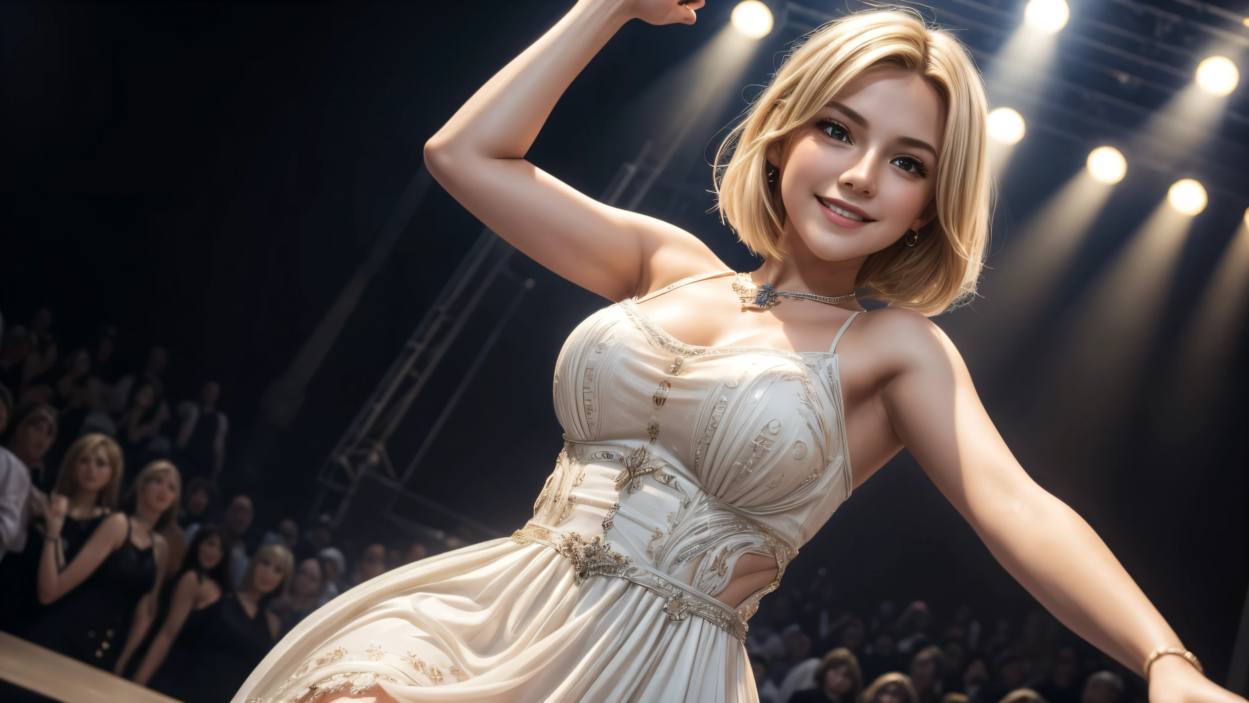 masterpiece, best quality, extremely detailed, hyperrealistic:1.1, photorealistic, a beautiful 20s european girl, ultra detailed face:1.1, blonde hair, short hair, white dress, smiling, on live stage, stage lighting, dancing, strenuous movements, from below, dynamic angle
