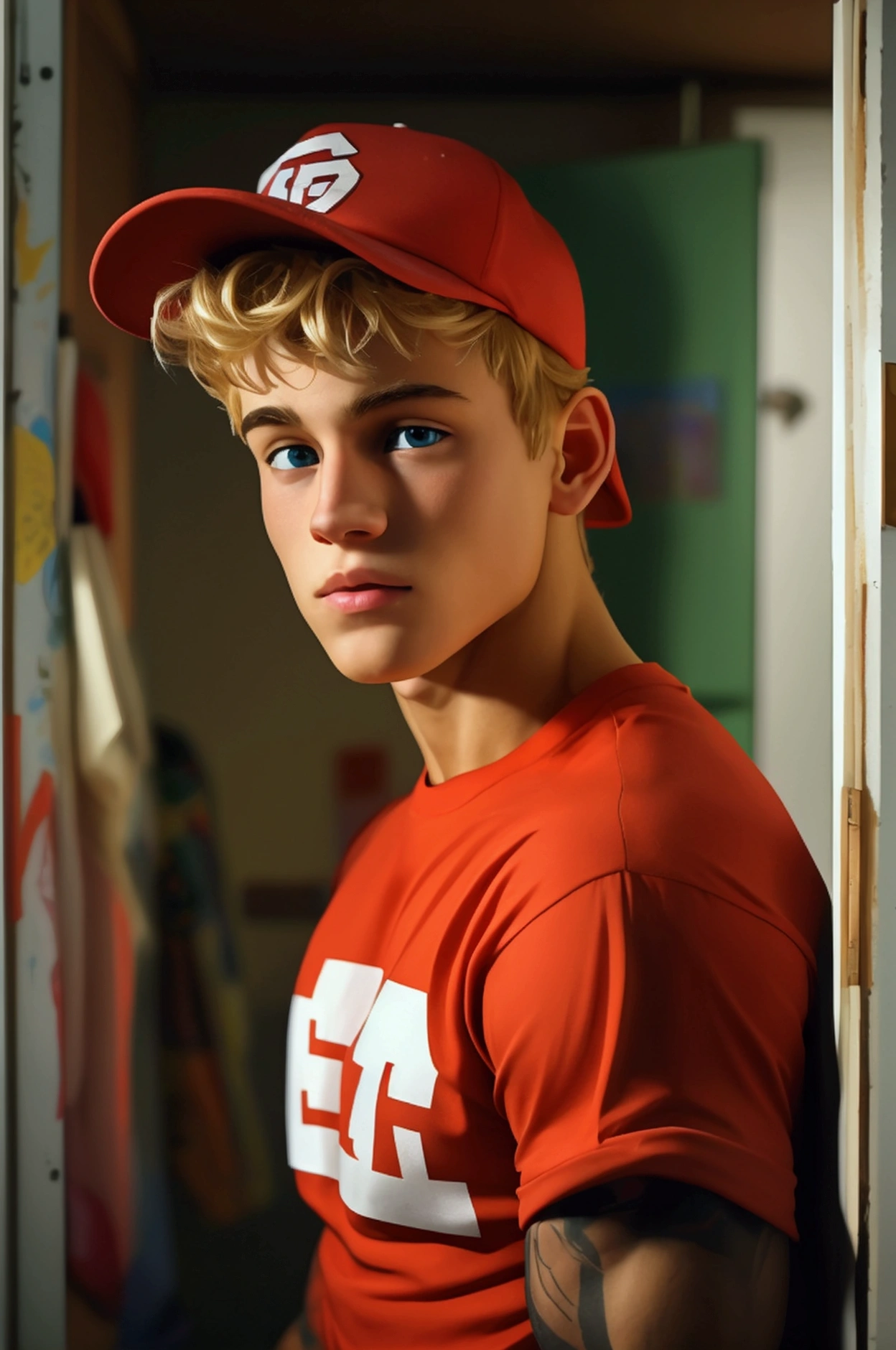 A photo of a super dumb young  male teenager bodybuilder, Innocent face, idiot expression super muscular, blond, handsome, dumb face, in a closet, roided giant muscles students watching full school yard wearing a super tight CMYK scale shirt giant ever muscles sucking erect cock penis pale tattooed baseball cap armpits 1980's styles orgy aroused sensual