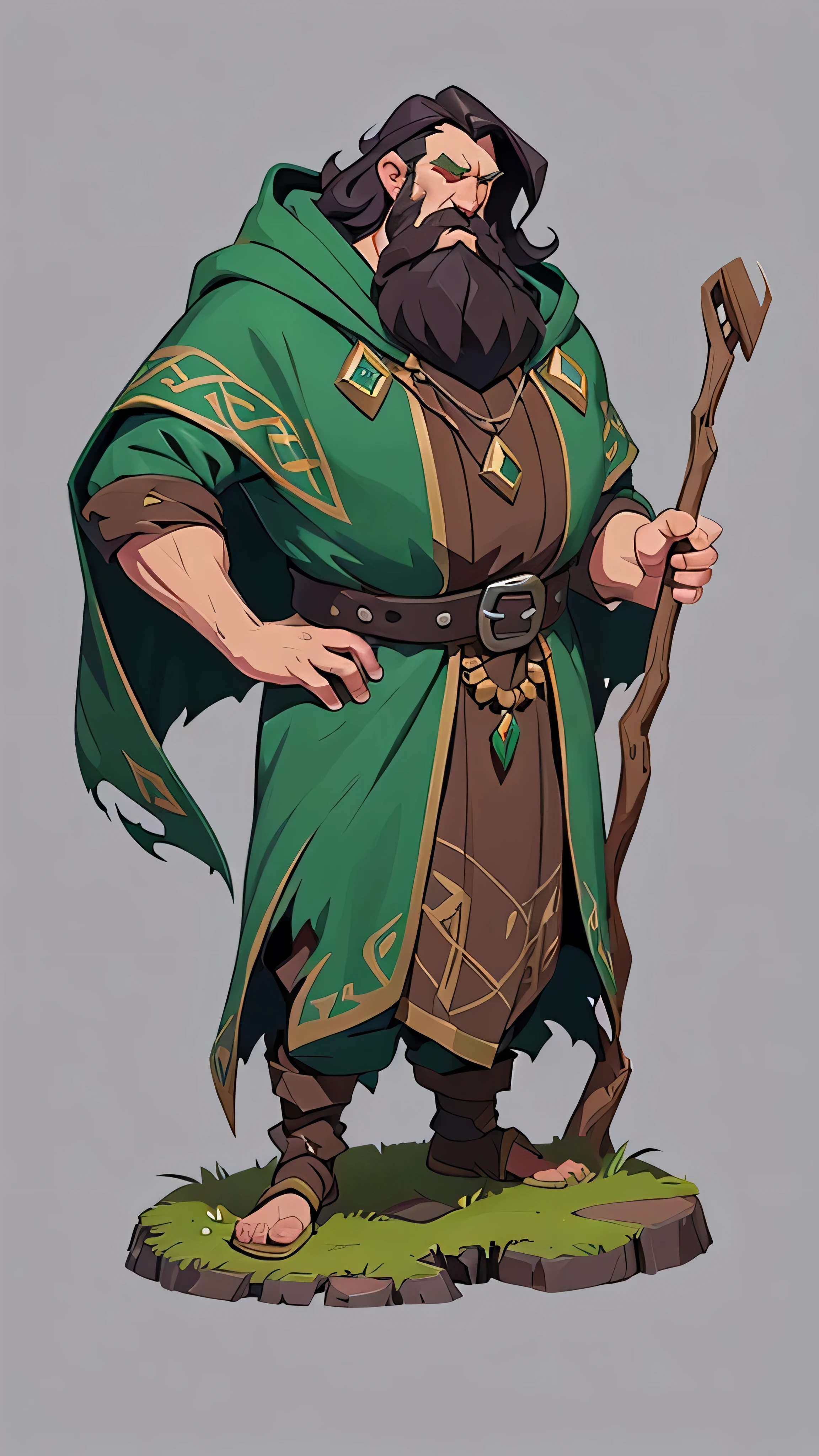mstoconcept art, european and american cartoons, game character design, solo, 1 DWARV, LORD OF THE RINGS DWARF, GNOME, Druid, MALE dwarf, CLEAN FACE, GRAY BACKGROUND, druid, chubby, short height, small height, really long beard, messy beard long, long black messy hair, FULL BODY, STANDING, old and torn green cloak with HOOD, old and torn black leather clothes, black HAIR, long beard, big beard with moss, beard to the navel, wood stick necklace, celtic druid, fantasy dwarf, (((detailed))), (((high resolution)))