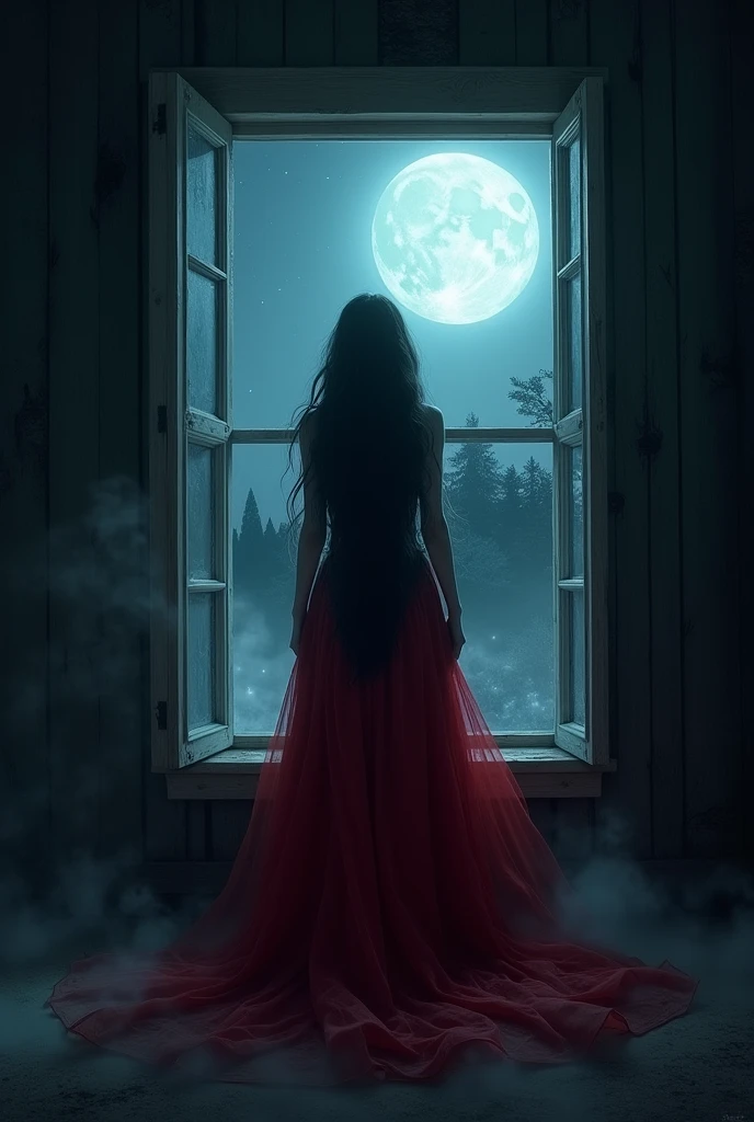 Inside the castle a woman, in a white and sensual robe, awaits the arrival of her husband. It's in the room, looking out from the huge glass windows. The red light of the sky filters through the window. His face looks intently at the dark forest below.. The woman puts her hands on her chest, feels that there is something in the forest.
