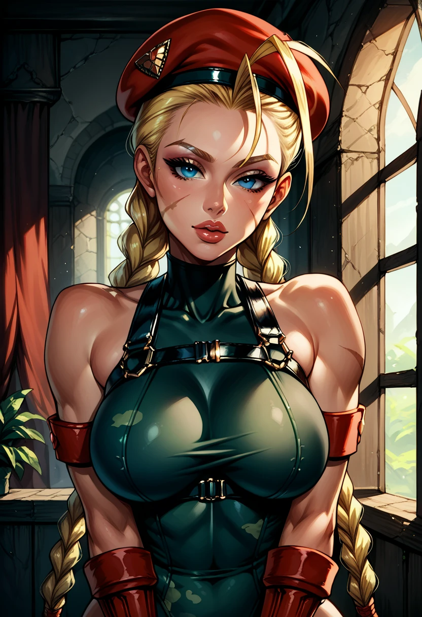 Dark Fantasy Art of score_9, score_8_up, score_7_up, rating_questionable, fantasy, lighting, epiCPhoto 1girl, very sexy (CammyWhiteSFXL, scar on cheek, blue eyes, blonde hair, long hair, twin braids, antenna hair, camouflage, red beret, large breasts, bare shoulders, green leotard, black harness, red gloves, fingerless gloves:1.2), solo, cute, flirt, gaze, sexy look, half-closed eyes, head tilt, filled lips, thick lips, makeup, face portrait, modelling shoot, sexy pose, fantasy palace setting, dark, moody, dark fantasy style