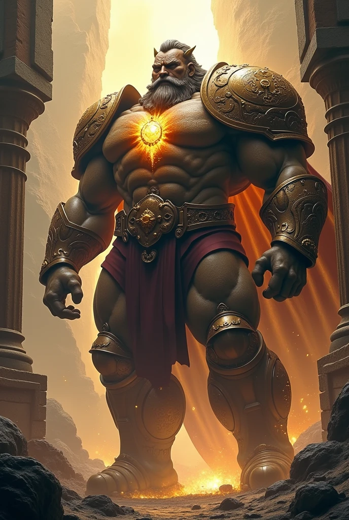 Giant goliaths from the bible with their mouths wide open in surprise and their faces turned forward wearing armor, helmet, with a cartoonish look to make it look like it's standing upright with a neutral background