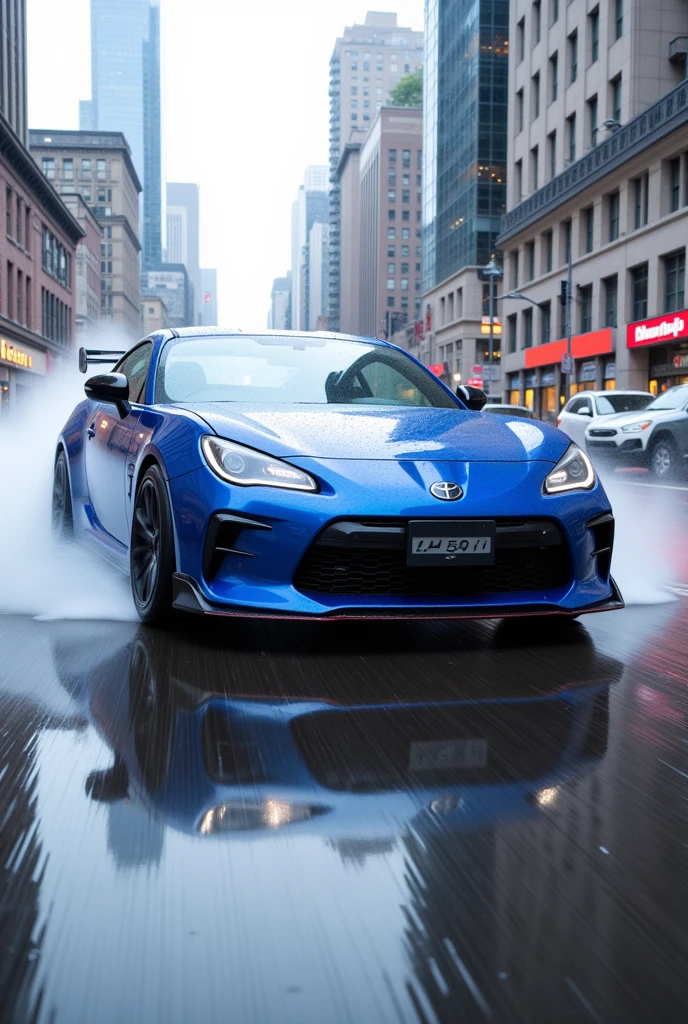 A blue sports car that drifts with water splashes"GR86" ,  Big city reflected on the surface of the water on the road surface in the rain ,  Ripples of water drops hitting the road surface and water splashes (( motion blur :1.5 ,  double exposure:1.5 , Rain filter effect :2.5 ,  Water Drop Magic Effect:1.5))