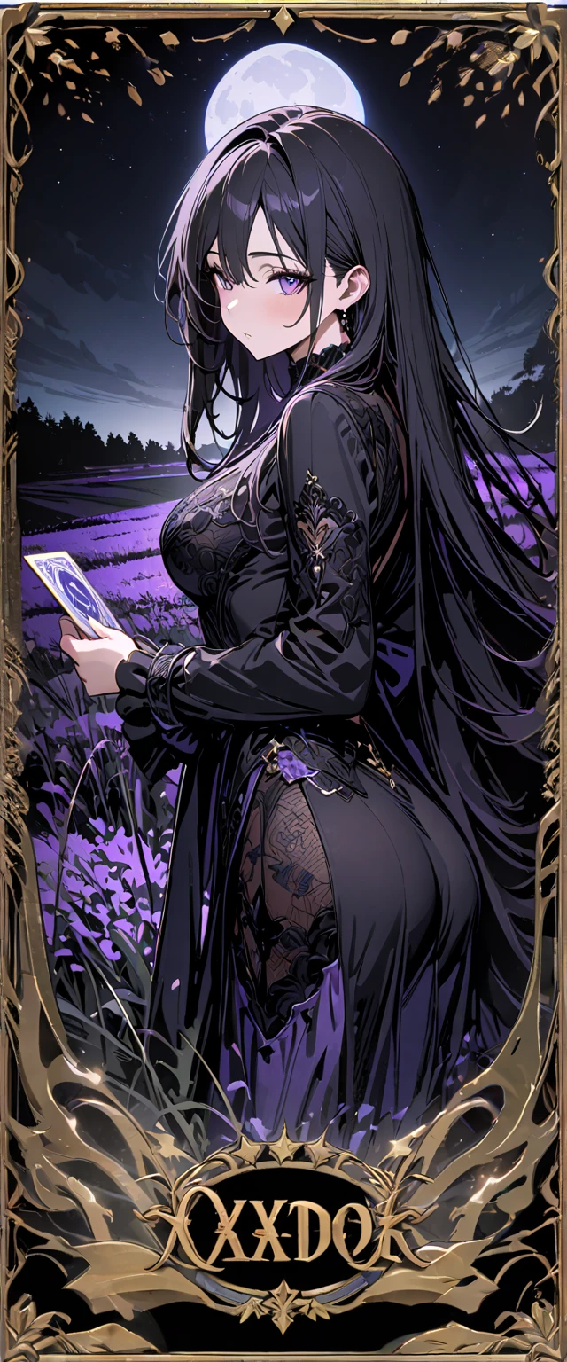  Tarot Card ，Purple eyes, black long hair， good-looking, Field， Huge Moonlight Night ，8k，High quality，masterpiece，super fine， rich details ,