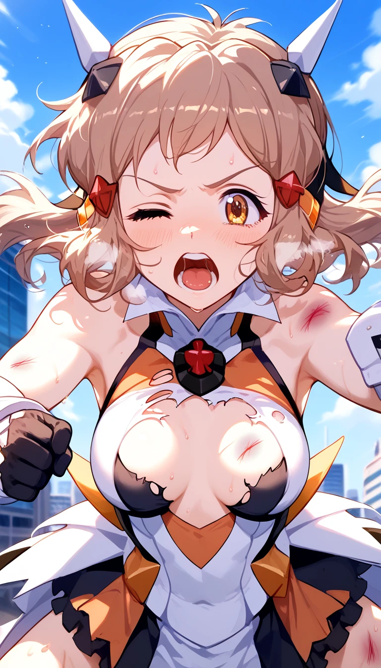  best quality,  soft light you're handling,  ultra high resolution, cute, beautiful face down to the smallest detail , high resolution details of human skin texture, shiny skin,sweat,Heat, white breath ,Hibiki Tachibana ,Brown Hair,Short Hair,City, Battle Costume,whole body,teeth,Big eyes,Symphogear, is tired, tremendous impact,bruised body,armed gear , one eye closed, torn clothes,Shortness of breath,Screaming, Cool Poses ,White corner, FIGHTING POSE 