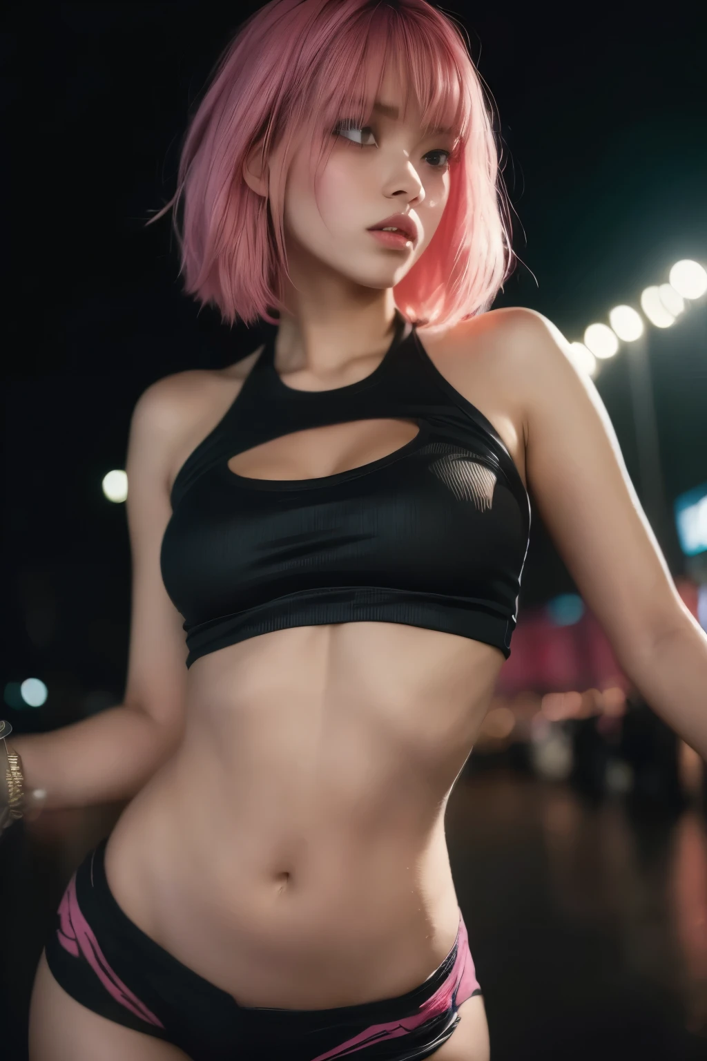 (masterpiece, best quality:1.2), 1girl, solo, (((Dynamic Angle, down angle))). A hot urban girl, young girl, skinny, wearind a modern urban clothes, pink hair, showing belly. realistic textures, photograph, detailed, UHD, 4K. ((Cinematic lighting at night)). 