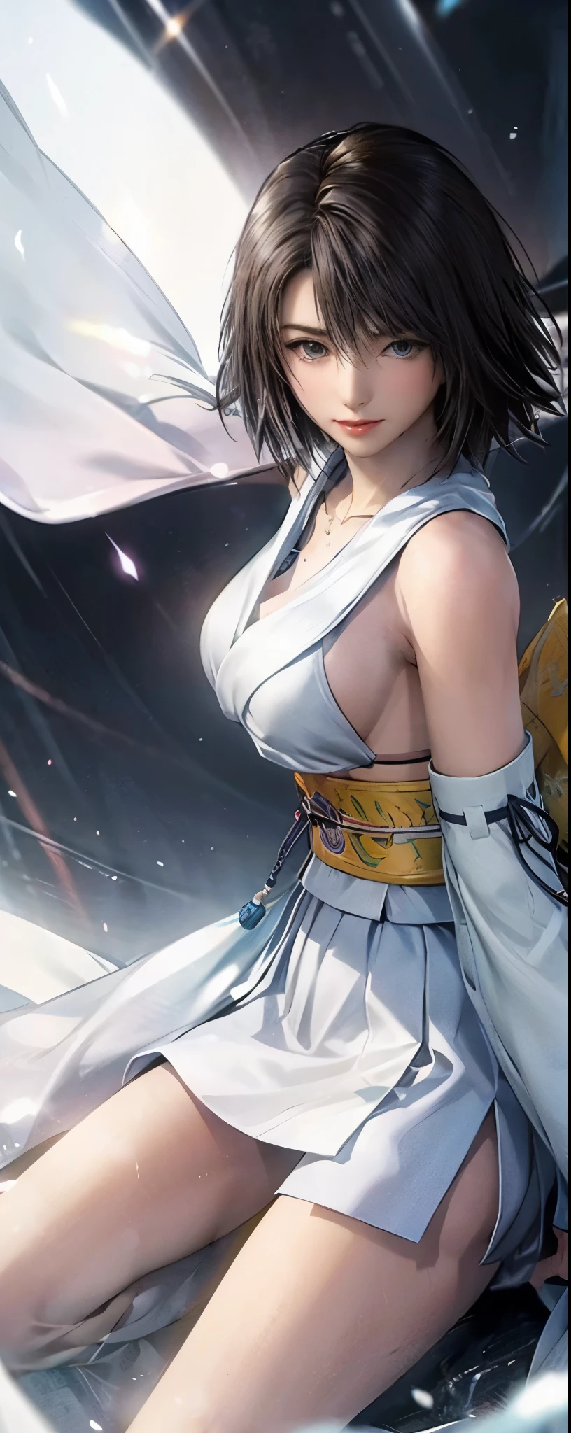 (best quality)), ((masterpiece)), (Very detailed: 1.3), 3d, {(Japanese young girl)}, White Theme, (Wear scarlet hakama:1.2), Wear anime witch costume, (She merged with the future Gundam mecha:1.2), With a tiara, With V-fins , Armor Shoulder,Armor, 腿下有Armor, (Holding a Japanese sword in his right hand:1.2), Multi-layer texture with perfect proportion, Octane Rendering, Two-tone lighting, Low ISO, Large aperture, White Balance, Rule of Thirds, Ultra HD 16k, Human Development Report (High Dynamic Range), Ray Tracing, nvidia RTX, Super Resolution, Subsurface scattering, PBR Textures, Post-Processing, Anisotropic filtering, Depth of Field, Maximum clarity and clarity, High-efficiency sub-pixel, Sub-pixel convolution, Light Particles, Light Scattering, Tyndall effect, whole body:1.5, Fighting Stance, Lovely, (Lovely:1.2), (Bob Cut:1.3),Weaving, Black Hair, Thick eyebrows, Light-colored iris, Big, bright black eyes, Long eyelashes, Small, pale natural lips, (Average face of Japanese idol), (日本人特有的baby face:1.3), (baby face), Wide forehead:1.2, Plump cheeks, Small chin, Lateral breasts are pronounced, Broken streets, ruined city,Looking at the audience,Focus on the eyes, (Perfect four fingers, 1 thumb),