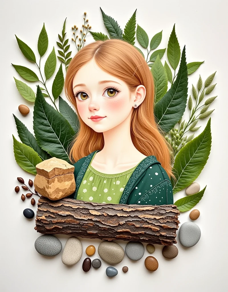  leaves and seeds of various plants、 bark and other parts ，Make a handmade sticker with stones ，Watercolor Pencil， ，The picture is a beautiful girl，Simple composition ， Master's work