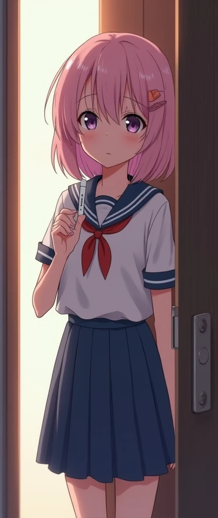 top-quality、​masterpiece、1girl in、looking at the viewers、A pink-haired、shorth hair、城市、Random Hair Styles, cowboy  shot、(((skirt flip)))、 Looking Up, View from below, (((Panties))), (((blush and surprised face,))), (((Open your eyes))), (((scream))),