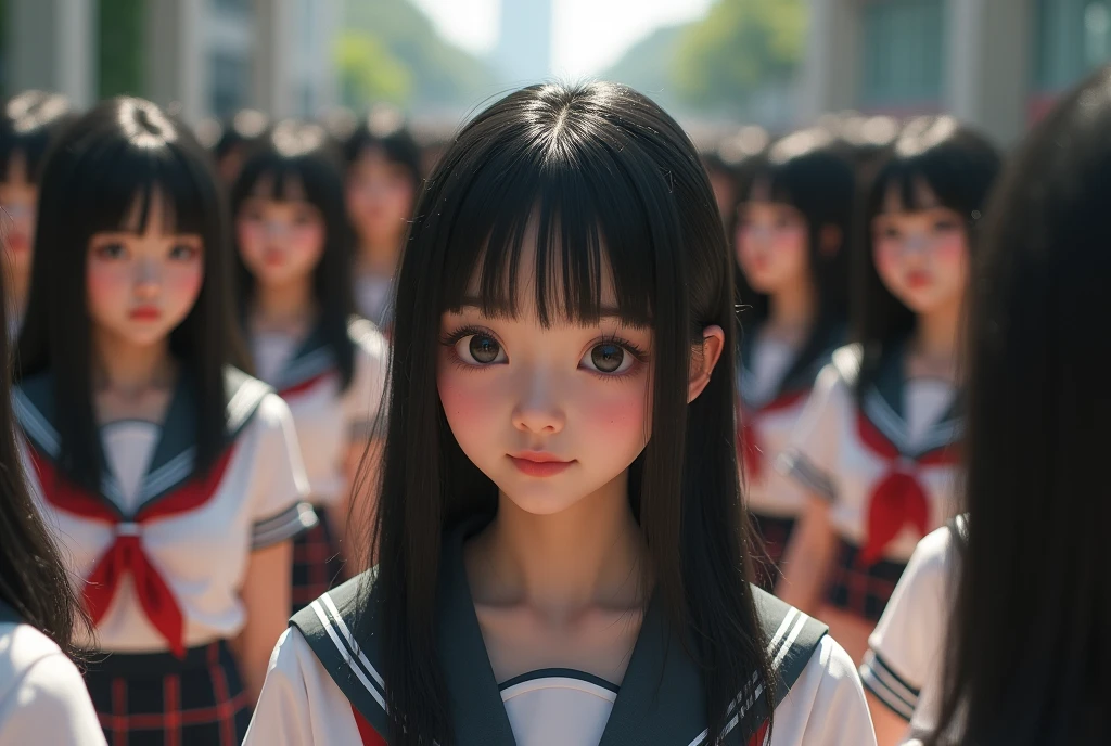(Japanese Clone-girls=Myself), (Super Best masterpiece Clone-girls Raw Photography Art), (16K, Highest quality, Ultra-high resolution, RAW Photos), (It's so unrealistic., With unparalleled depiction, With an unfathomable sight, An unprecedented and shocking worldview, Clone-girls: In a world of mass reproduction, Ultra-realistic), (Japanese Girls, yo, Small face, Thick black hair, long hair, Dark Eyes, Mature face, かわいいsmile, Smiling face, A gentle gaze, Very pleasant look), (Very beautiful detailed girls, Accurate body structure, Accurate body movements, Very detailed body, (Super big breasts, Large bulge of ample breasts)), ((Schoolgirl uniform, Short sleeve, mini skirt, Emphasise the fullness of your breasts)), (Very detailed, Myself cloning, Depiction of splitting oneself, 1Myself girl→1,000,000,000,000,000,000,000,000,000,000Myself cloning girls), (Myself's clone girls, With the same perfect appearance without any difference, to multiply in large numbers), (Myself's multiplying female body, In the same female body,With the same face, With the same hairstyle, In the same clothes, At the same height, 同じSuper big breastsで, The same indistinguishable female body, 1,000,000,000,000,000,000,000,000,000,000 people), (Myself girls only), ((Academy, academic level, Commemorative photo depiction, Tiered stage photography, smile, Front view))
