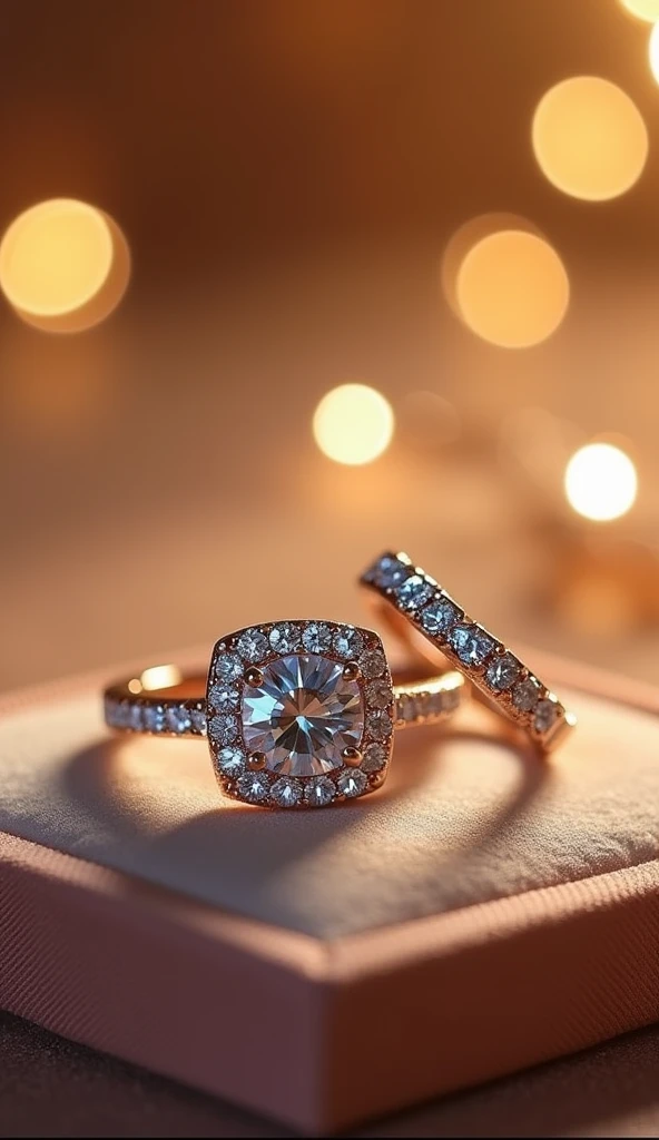 Wedding rings with exquisite crystals, made in an elegant style. One ring with a large sparkling stone in the center, surrounded by small shiny crystals, in an elegant setting. The second ring is a smooth hoop with a thin row of embedded stones. The rings lie on a velvet cushion, the background is decorated with soft golden light and romantic highlights, creating an atmosphere of luxury and love."