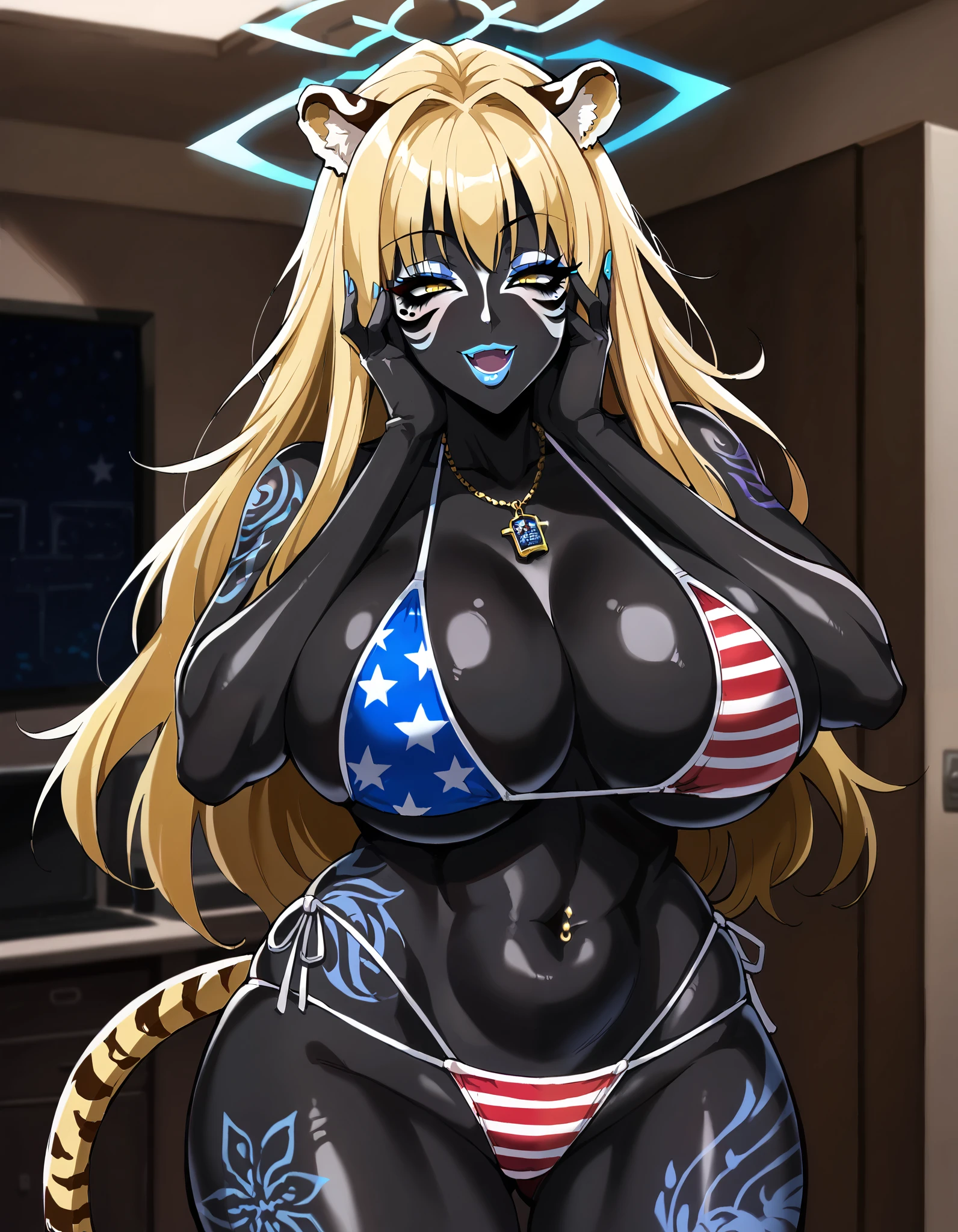 masterpiece, score_9, score_8_up, score_7_up, 1girl, milf, solo, monster girl, (colored skin, jet-black skin), shun_(BA), (huge breasts), (((blonde hair), long hair, bangs, long sidelocks, yellow eyes, half-closed eyes, tiger ears, tiger tail, halo)), blue lips, yamanba, makeup, eyeshadow, (white facepaint makeup), facial mark, face stickers, piercings, tattoos, ((american flag print bikini, panties)), ((light smile), open mouth), ((hands on own face, bedroom))