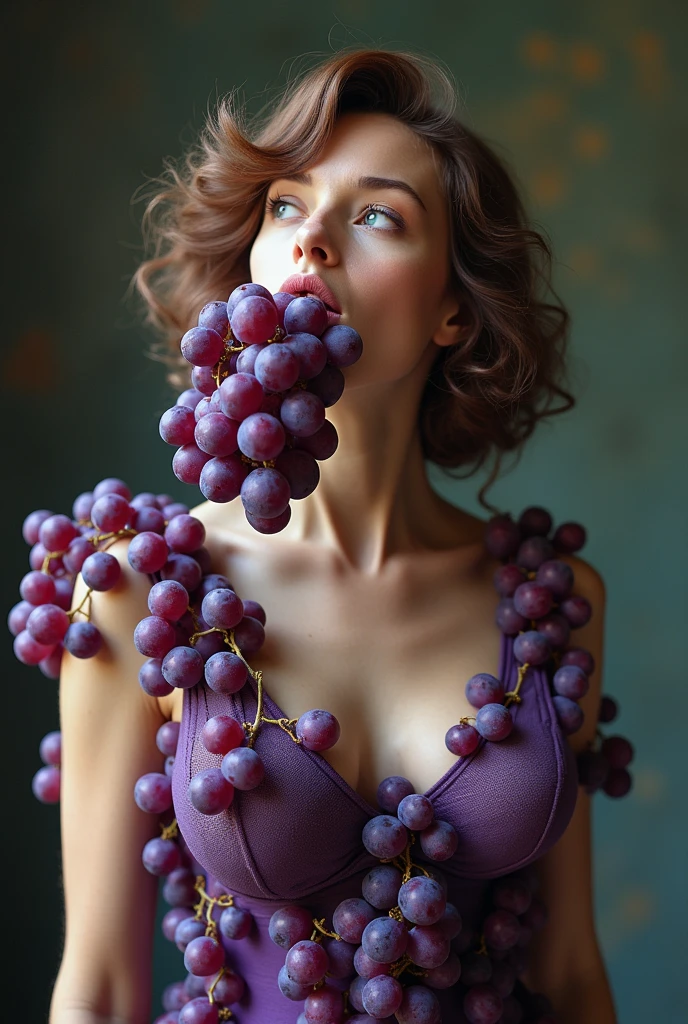 (Photograph of norway woman) (random shot , full body photograph) (ultra realistic detailed skin texture, ((hyper photorealistic) texture), ( depth of field), (35 yo , (pale skin tone) tall woman, rainbow curly hair, explosion, Splash, A cup of grapes, falling into the rainbow ) (small tiny flat breasts, attractive body)