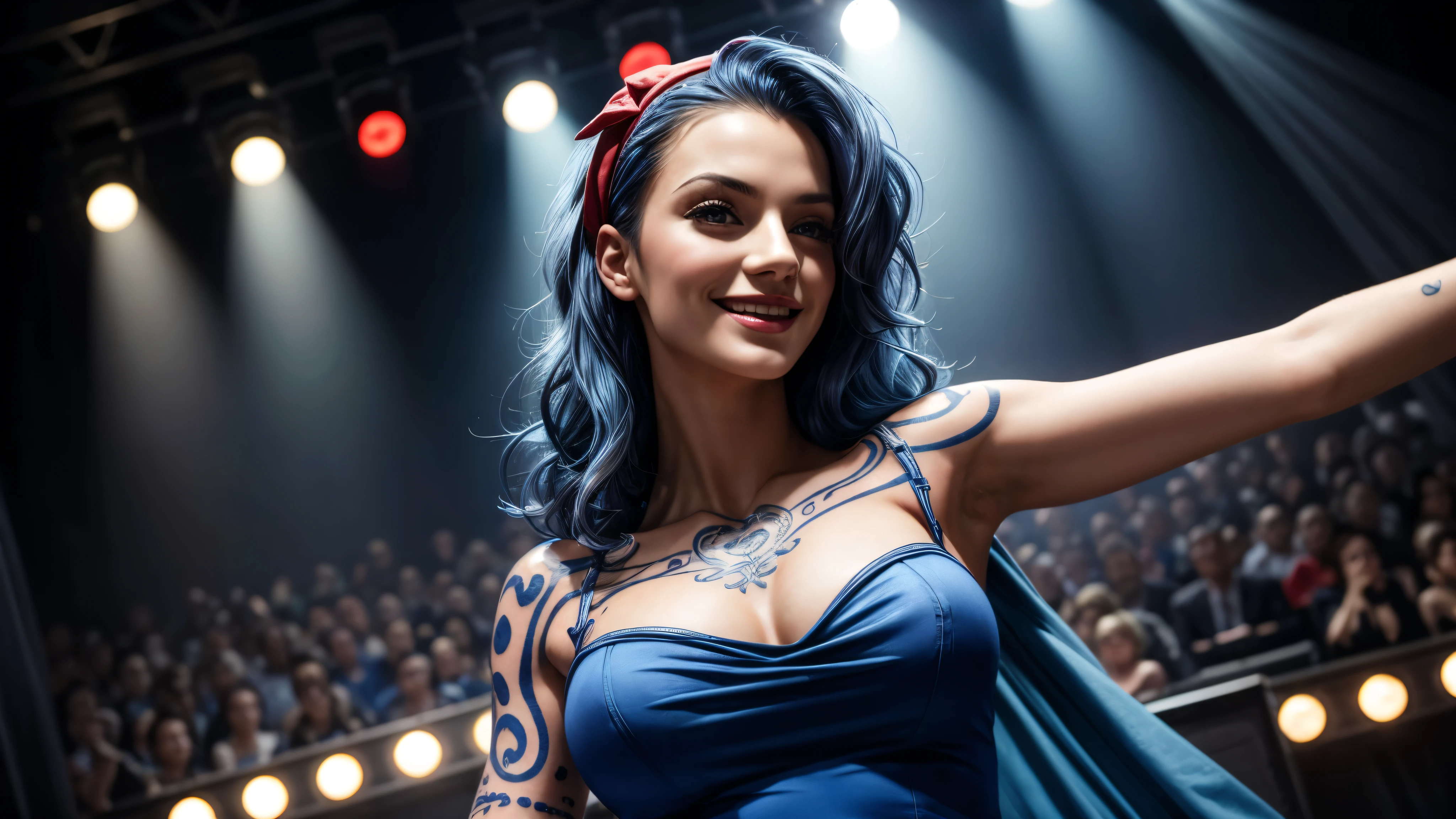 masterpiece, best quality, extremely detailed, hyperrealistic:1.1, photorealistic, a beautiful 20s european model, ultra detailed face:1.1, tattoo, blue hair, wavy hair, red hairband, blue dress, smiling, on live stage, stage lighting, dancing, strenuous movements, from below, dynamic angle
