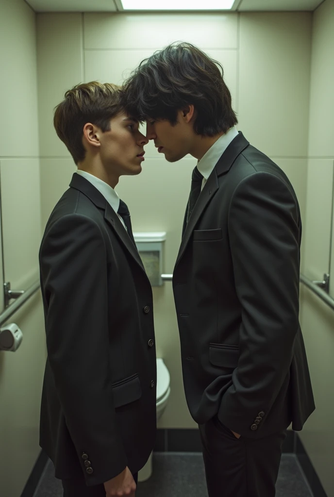 Two guy There's a glass partition between each other , blowing kisses.