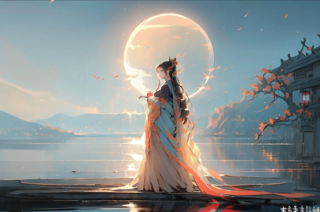 -Hanama wine, 1girl, lantern, long hair, moon, night, sky, solo, crescent moon, hair ornament, water, chinese clothes, weibo logo, dress, black hair, holding, fish, weibo username, night sky, long sleeves, holding lantern, from side, reflection