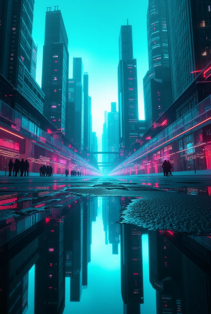 ( pictures of futuristic cities looking up)、Tilt up、( very detailed:1.2)、( with complex futuristic skyscrapers in the background:1.1)、( Future City reflected in a puddle :1.5)、 neon color 、blue、green、Mobile motion trajectory 、Precise Details 、( global lighting)、 high definition 、 film grain