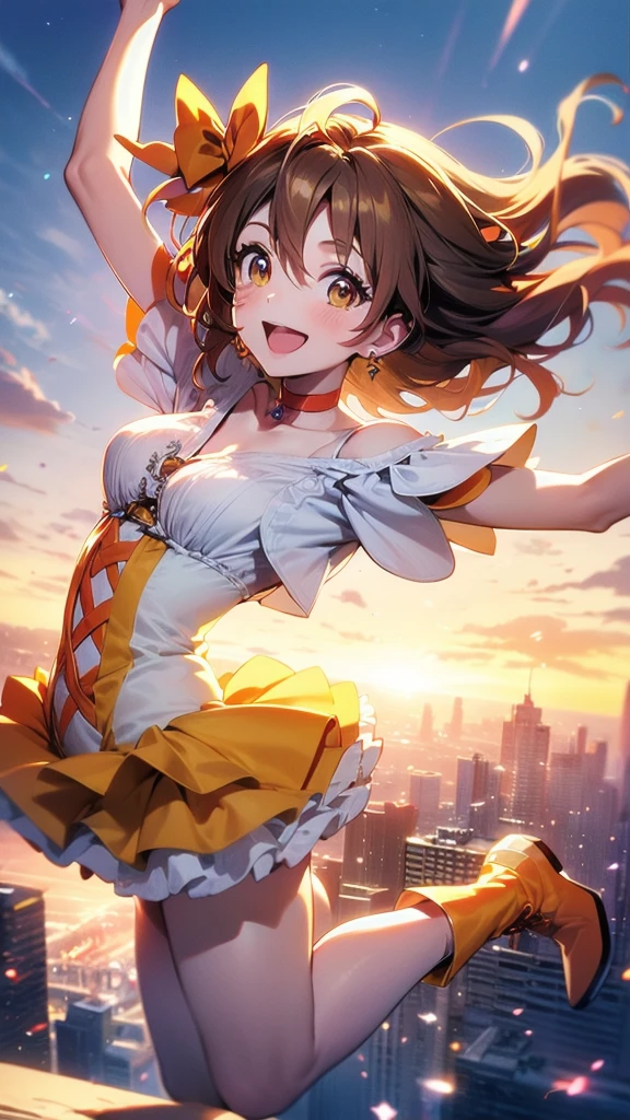 ((masterpiece, high quality, best quality, ultra detailed)), perfect anatomy, anime
concrete building, city, Sky-high background, distant view, sky above the city
1girl, (small breasts:1),
dutch angle, dynamic angle, dynamic pose,
(smile:1.2), cute, (cheerful:1.2),
looking at viewer, cute pose, uplifted, 
(cure pine:1.05), (precure:0.3), one side up, short hair, hair ribbon, frills, short sleeves, wrist cuffs, orange choker, orange boots, yellow skirt, (side short ponytail:0.5),
(jumping:1.35), (arms up:1.1), (clenched hand:1.4), (natural:1.2), 
bend kneel, inner thigh, wariza, arched back, floating feeling, air_staying
 