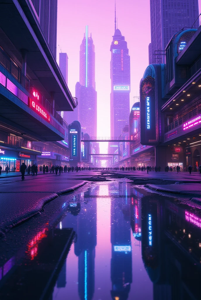 ( pictures of futuristic cities looking up)、Tilt up、( very detailed:1.2)、( with complex futuristic skyscrapers in the background:1.1)、( Future City reflected in a puddle :1.5)、 neon color 、Mobile motion trajectory 、Precise Details 、( global lighting)、 high definition 、 film grain