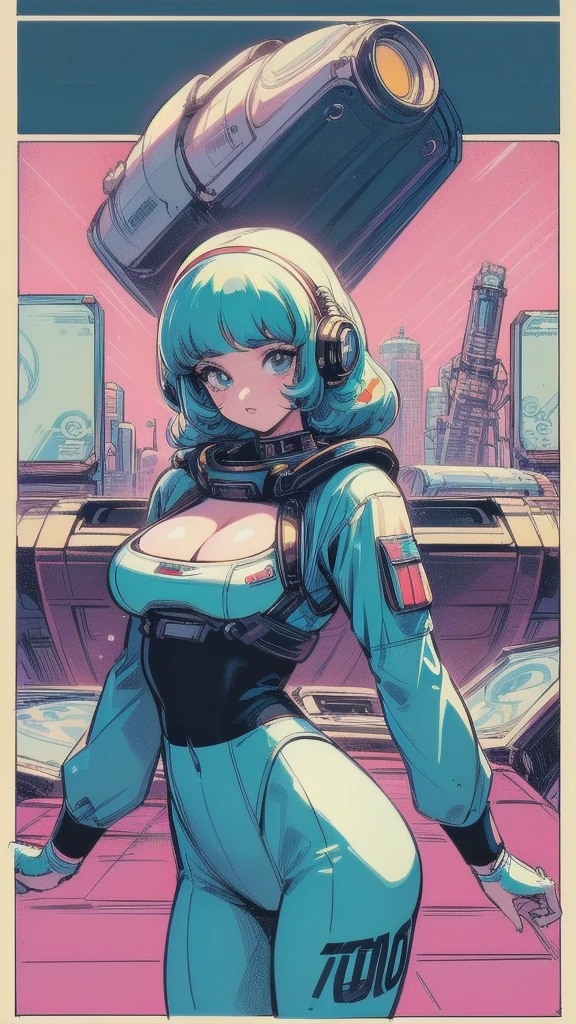 ((( Best Quality Masterpiece ))),(((Absolutely one woman))),(spacesuit that emphasizes cleavage ),((( 70s and 80s space thriller movie posters))),( American Comics ),((( retro vintage style ))),Overwhelmingly complex depiction,Absolute machine group background, futuristic cyberpunk ,Extremely accurate and delicate depiction,