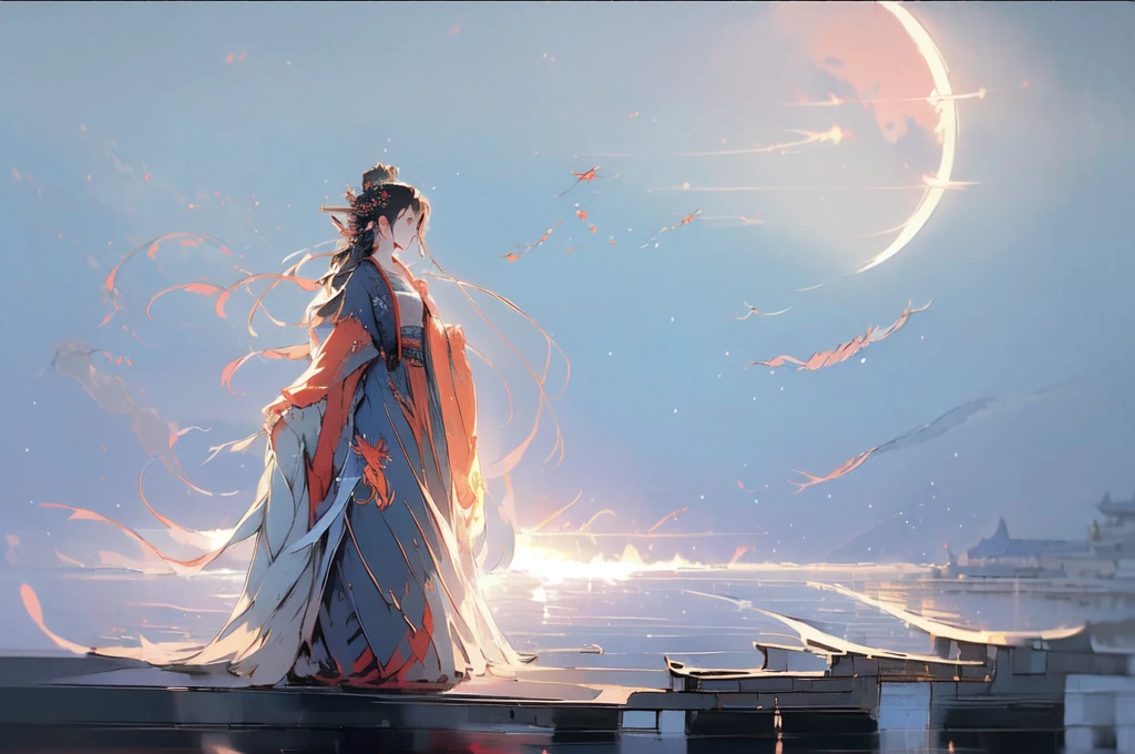 -Hanama wine, 1girl, lantern, long hair, moon, night, sky, solo, crescent moon, hair ornament, water, chinese clothes, weibo logo, dress, black hair, holding, fish, weibo username, night sky, long sleeves, holding lantern, from side, reflection