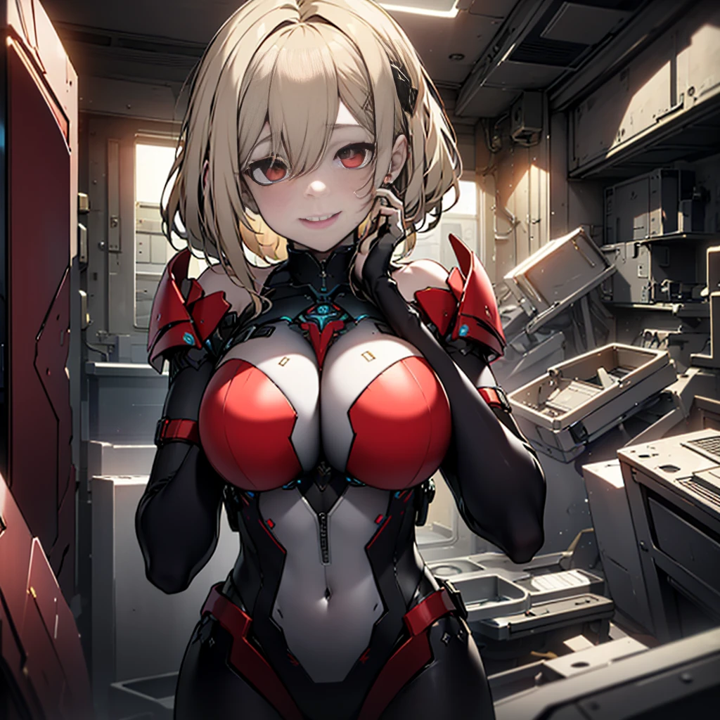 ((Best quality)), ((masterpiece)), (detailed:1.4), 3D, an image of a beautiful cyberpunk female, Yandere , Yandere Face , Trance , Trance Eyes , yameroyandere , constricted pupils , yandere , empty eyes . shaded face , crazy eyes , glowing red eyes , crazy smile , Redshoe , exposed bare shoulder , black headband , Black skintight bodysuit , Short Light Blond Hair , Black Arm Gloves , Red Eyes, Red Armor Leg, large breasts, HDR (High Dynamic Range),Ray Tracing,NVIDIA RTX,Super-Resolution,Unreal 5,Subsurface scattering,PBR Texturing,Post-processing,Anisotropic Filtering,Depth-of-field,Maximum clarity and sharpness,Multi-layered textures,Albedo and Specular maps,Surface shading,Accurate simulation of light-material interaction,Perfect proportions,Octane Render,Two-tone lighting,Wide aperture,Low ISO,White balance,Rule of thirds,8K RAW,